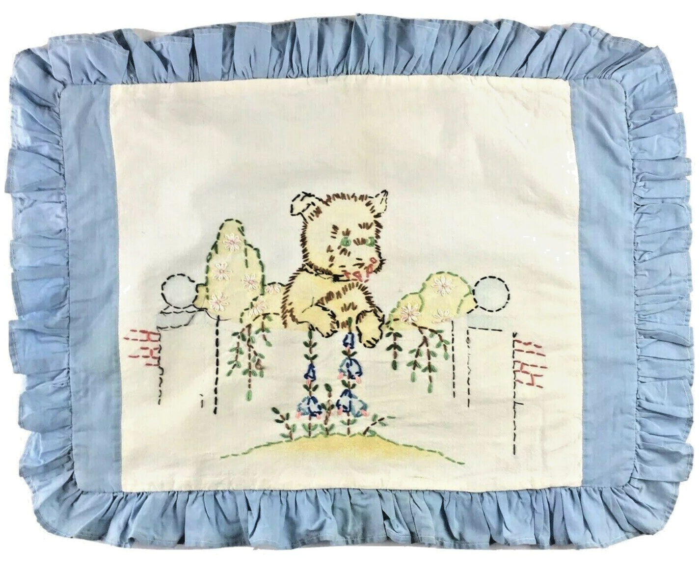 Primary image for Vintage Puppy Dog  Pillow Sham  Handmade Embroidered Cottage Garden Ruffle Edge