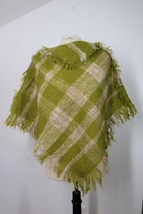 Vtg Unbranded Green Plaid Check Woven Wool Poncho Shawl Fringe 22&quot; - £30.10 GBP