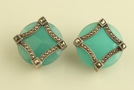 Vintage Sterling Judith Jack 925 Turquoise Glass Marcasite Clip On Earrings - £78.34 GBP