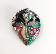 Vintage Enamel &amp; Rhinestone Tribal Ethnic Mask Brooch Pin Dramatic Theat... - £11.75 GBP