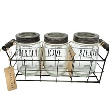 Rae Dunn Home Essentials 3 Glass Jars In Wire Basket Set Cherish Love Blessed - £17.11 GBP