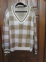Shein Curve Tan &amp; White Buffalo Plaid Drop Shoulder V-Neck Sweater - Size 3XL - £13.32 GBP