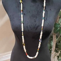 Boho Art Glass Beads, Faux Pearl Beaded Confetti Layer Long Teardrop Necklace - £22.05 GBP