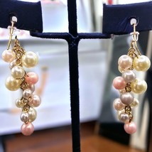 Pink White Simulated Pearls Pierced Earrings Cha Cha Style Gold Tone Chain - £6.29 GBP
