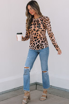 Brown Leopard Round Neck Long Sleeve Slim Top - $9.22