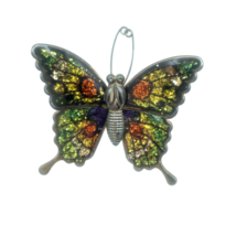 Colorful Butterfly Pin Metal Godtone Silvertone Green Yellow Orange Red Glossy - £0.75 GBP