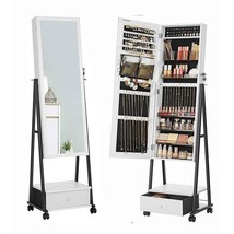 Modern Black Metal White Wood Jewelry Armoire Cabinet Organizer Mirror on Wheel - £197.27 GBP