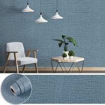 Blue Linen Wallpaper Grasscloth Peel And Stick Wallpaper Textured 30&quot; X 118&quot; - £27.01 GBP