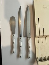 Vintage 3 Cutco Knives and Slot Holder White Pearl Handle Butcher Chef Serrated - £216.32 GBP