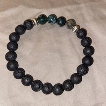 Stretch Bracelet Black Lava Beads &amp; Jade Beads 7” To 8.5” - £4.55 GBP