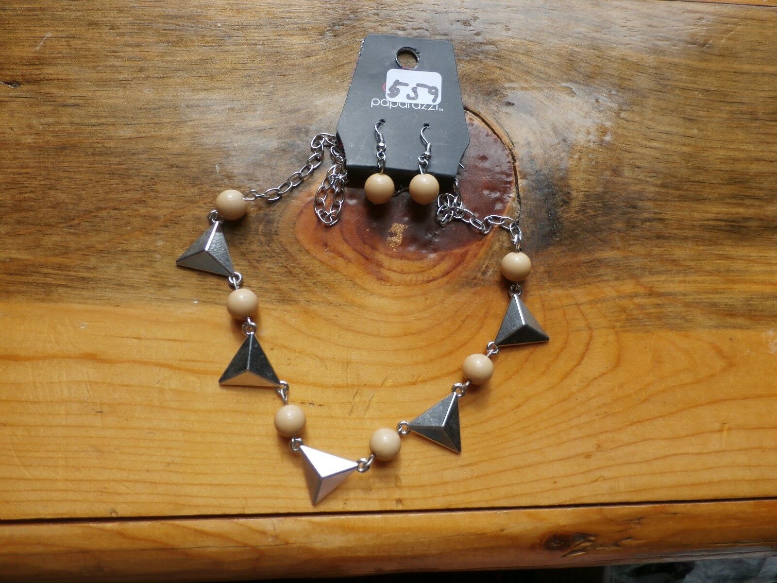 Primary image for Paparazzi Long Necklace & Earring set(new)CREAM BEADS W/ SILVER TRIANGLES 559