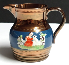 English Staffordshire Copper Luster Blue Band Girl w/ Dog Antique Creamer c1850s - £15.84 GBP