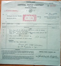 Vintage Central Paper Company  Purchase Order Muskegon MI 1952 - $2.99