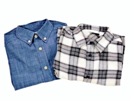 2 Toddler Boy Long Sleeve Shirts Size 4 5 and 4T Blue Chambray and Plaid Flannel - £6.08 GBP