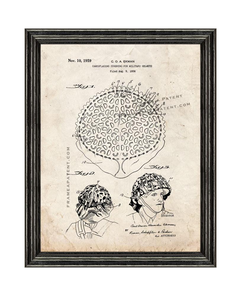 Primary image for Camouflaging Covering Military Helmets Patent Print Old Look with Black Wood Fra