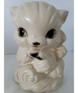Vintage Chalkware   Bank black Eyed white kitten with pink bow cutie 7 1... - £10.29 GBP