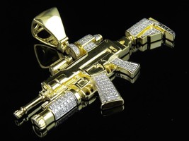 10K Yellow Gold Over M4-A1 Assault Rifle Round Diamond Pendant Cham 1.0ct 2.4&quot; - £210.57 GBP