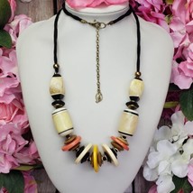 Large White Pink Yellow Lucite Beaded Black Cord Fashion Necklace - £15.14 GBP