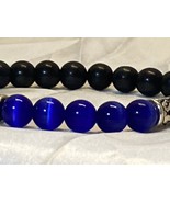 Stretch Bracelet Blue Cat Eye and Black Stone Beads Silver Accents 7.5&quot; ... - £11.78 GBP