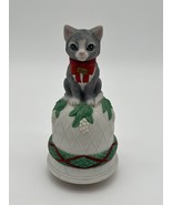 SCHMID Music Box Christmas Cat Kitten On A White Bell Jingle Bells Works - $18.70