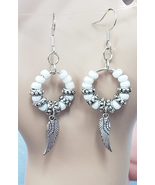 white beaded hoop earrings, angel wing earrings, glass bead earrings, ha... - £4.68 GBP