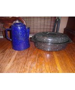 Vintage  Splatter Granite Ware Cassarole pan and Coffee Pot with  Lids - £23.35 GBP