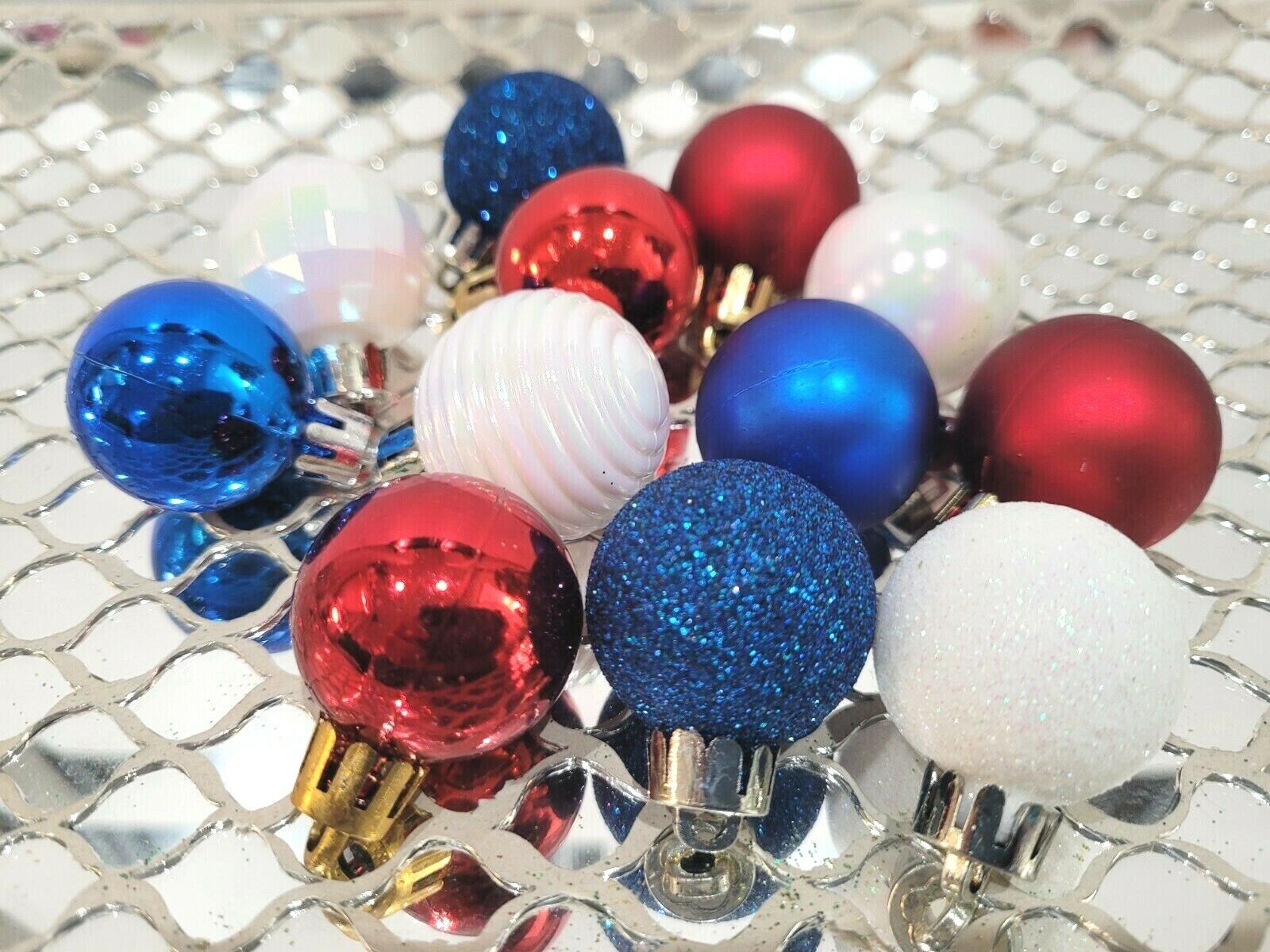 (12) MINI Patriotic 4th Of July Memorial Plastic Ball Red Blue Tree Orna... - $12.86