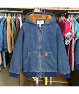 London Fog Boys Denim Jacket Size 10 12 Sherpa Lined Hoodie Bomber Coat EUC - $54.44