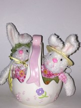 Ceramic Easter egg White basket w/pink handle ribbon, bunny flowers &amp; 2 ... - $26.99
