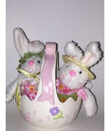Ceramic Easter egg White basket w/pink handle ribbon, bunny flowers &amp; 2 ... - $37.03 CAD