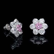2Ct Round Cut CZ Pink Sapphire Flower Screw Back Earrings 14K White Gold Plated - £88.97 GBP