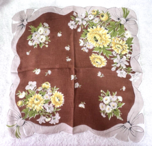 Vintage Hankie Fall Chrysanthemum &amp; Daisy Set on Lt Brown w Bow Design 1... - £7.61 GBP