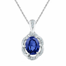 10k White Gold Oval Lab-Created Blue Sapphire Solitaire Diamond Pendant 1-3/4 - £206.54 GBP