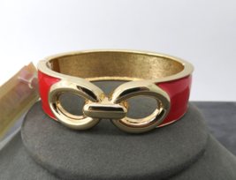 NWT Bangle Bracelet Red Enamel .75&quot; Wide Gold Tone Chunky Open Work Fron... - £7.98 GBP