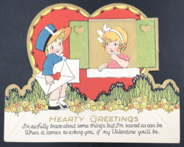 VTG 1920s-30s Hearty Greetings Valentine Boy &amp; Girl Stand-Up Card Gold Metallic - £9.59 GBP