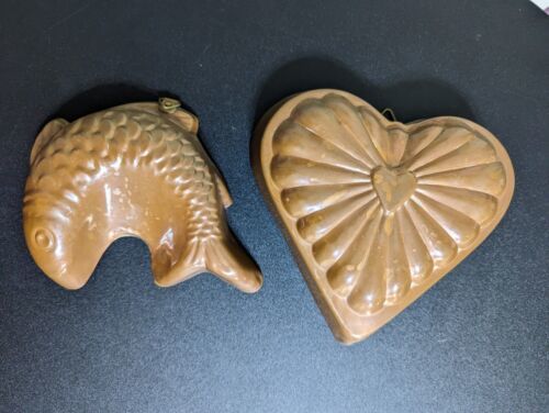Primary image for Copper tin lined Fish Heart Jello Mold Lot Pan Brass Ring hanging Korea vintage