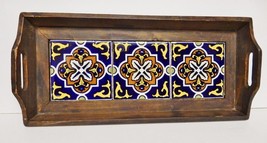 Vintage Ceramic Art Tile Tray Wood Platter Decorative Serving 16&quot; X 7&quot; - £62.92 GBP