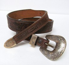 Vtg Tony Lama Brown Tooled Leather Belt Silver Gold Toned Embossed Loop Tip 28 - £47.03 GBP