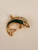 Vintage Gold Tone Enamel &amp; Crystal Dolphin Brooch Pin - £9.16 GBP