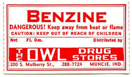 1 Antique Pharmacy Label Benzine Dangerous! The Owl Drug Stores Muncie Indiana - £20.41 GBP
