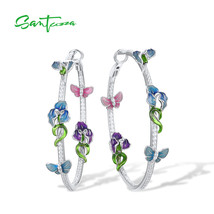 Pure 925 Sterling Silver Hoop Earrings For Women Blue Purple Flowers Pink Butter - £80.21 GBP