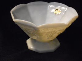Anchor Hocking Anchor Glass Milk White Octagon Pedestal Bowl Grapes Leaf Pattern - £23.97 GBP