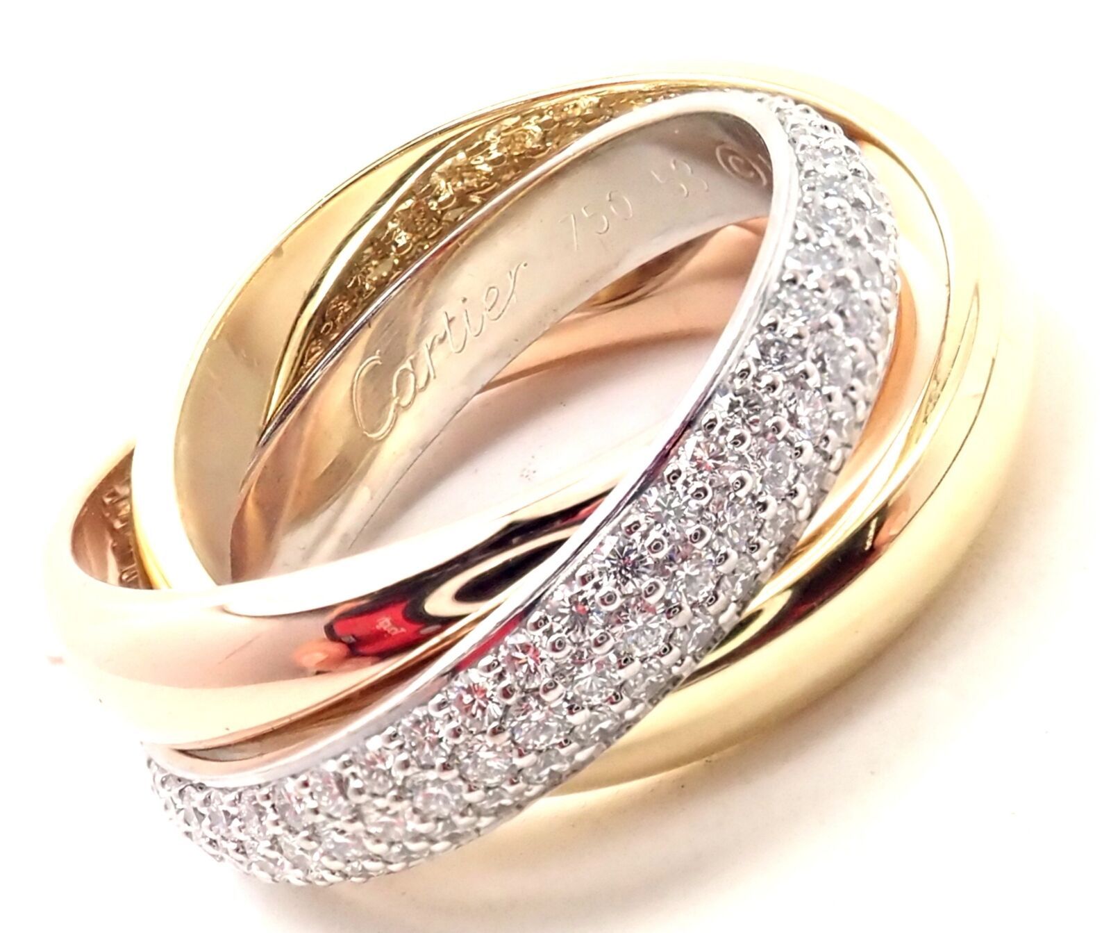 Authentic! Cartier Trinity Classic Diamond 18k White Yellow Rose Gold Band Ring - $12,390.00