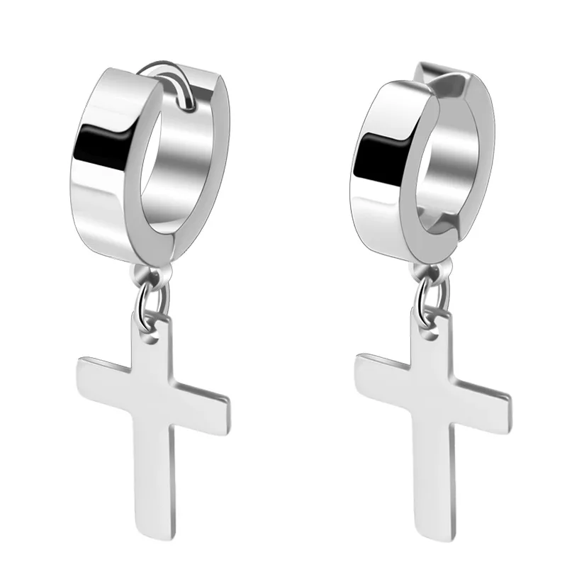Cross Hoop Earrings Men Jewelry Stainless Steel Fake Ear Clip Punk  Dangling Sha - £46.79 GBP