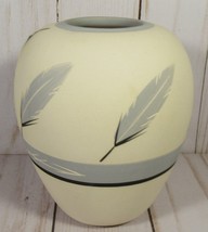 Pottery Vase with Grey Feather Design 4.5&quot; x 5&quot; Ivory &amp; White Grey Bands. - £10.20 GBP