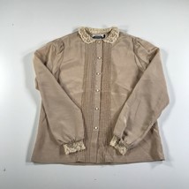 Vintage Ellen Tracy Shirt Womens 12 Tan Beige Lace Detail Collared Ribbed Button - £22.41 GBP