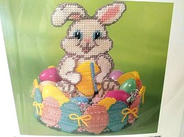 Easter Bunny Egg Candy Dish Plastic Canvas Bucilla Craft 9&quot; High 1994 Sealed - £23.33 GBP
