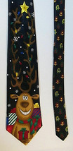 Men&#39;s Festive Yule Tie Greetings REINDEER Christmas Novelty Necktie EUC Holiday - £11.92 GBP