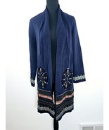 Chicos Elektra Duster Cardigan Sweater 2 L Navy Embroidered Beaded Open ... - $43.74 CAD