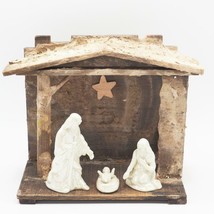 Vintage Porcelain Nativity Set in Homemade Wood Manger Christmas Creche - £77.19 GBP
